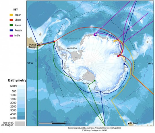 Map of the Southern Ocean and approximate location of regular shipping transects maintained by Asian nations.  