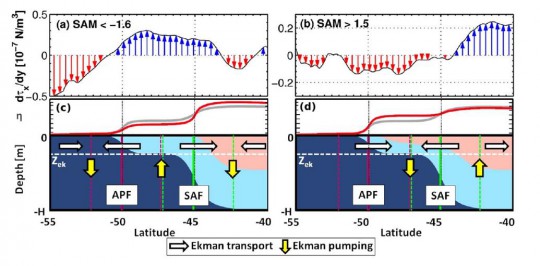 Ekman pumping anomalies during periods of (a) extreme negative and of (b) extreme positive SAM in the Southern Ocean.