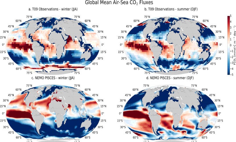 Global ocean summer and winter air-sea CO2 flux climatologies contrasting Takahashi, 2009 (T09) observations for reference year 2000 (a–b), and NEMO-PISCES (1993–2006) (c–d), units mmol C m−2 day. It shows seasonal climatological biases between the model and observations in the Southern Ocean.